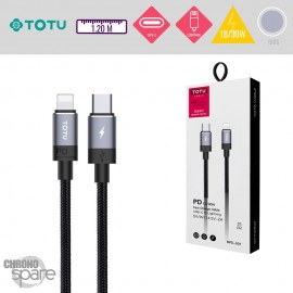 Câble tressé renforcé USB entrée + lightning sortie - Gris- TOTU -BL-001-  1,2M 3A fast charging
