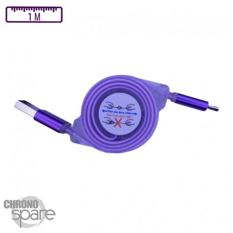 Câble enrouleur transparent 1 mètre Micro USB - Violet