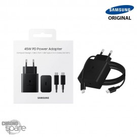 Chargeur secteur USB-C Samsung FAST CHARGE 45W + Cable USB-C vers USB-C - Noir Avec boite (Officiel)