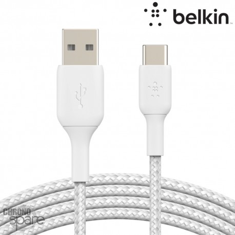 Câble à gaine tressée USB-A vers USB-C (15W) 1m - Blanc (Officiel) BELKIN